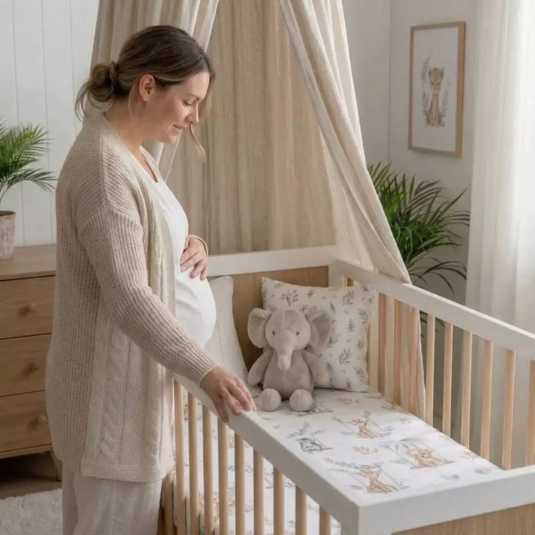 Przyszła mama przygotowująca łóżeczko z bawełnianą pościelą dla niemowlaka