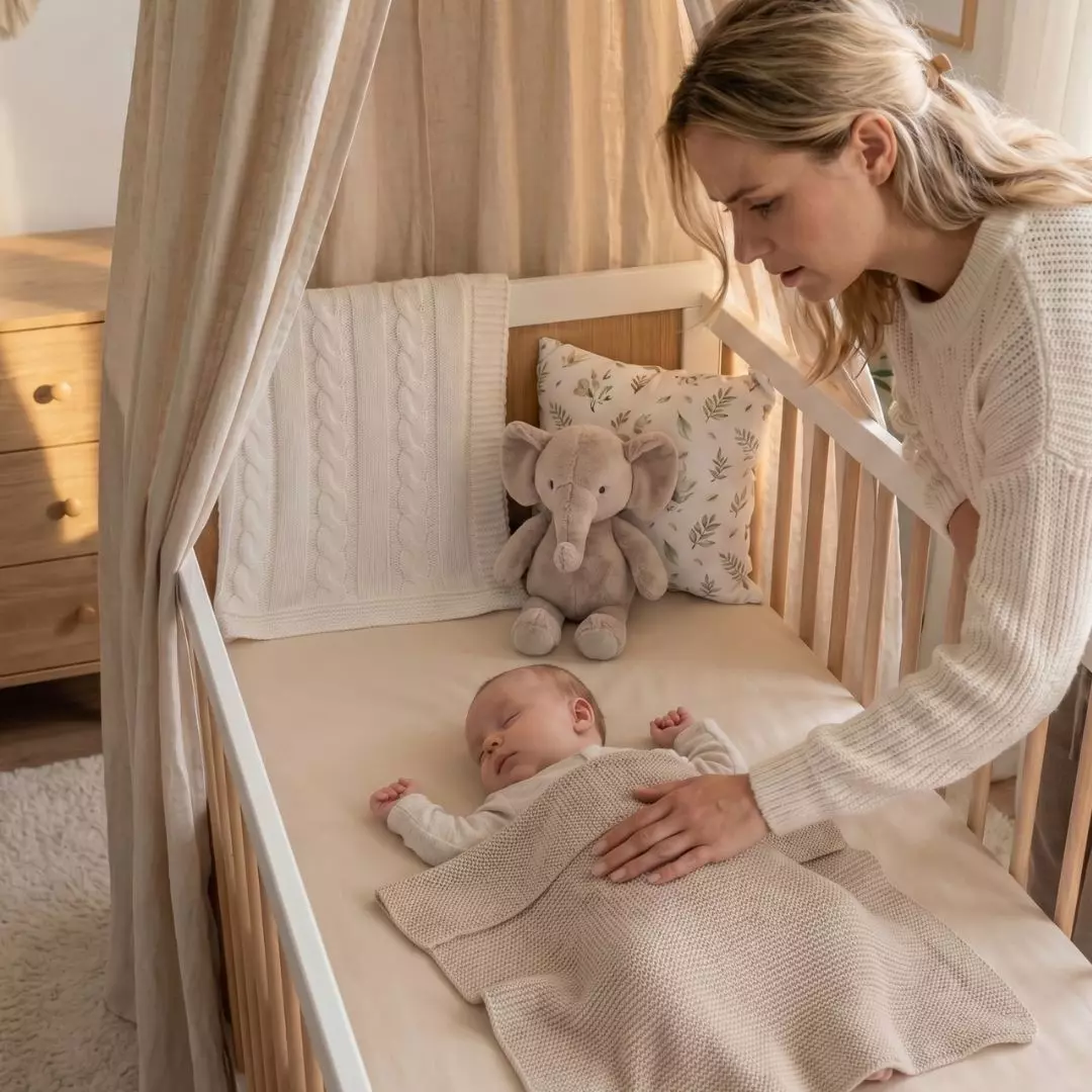 Matka w białym swetrze pochyla się nad śpiącym dzieckiem w prostokątnym łóżeczku. Kobieta delikatnie kładzie dłoń na kocyku, a pod dzieckiem widać gładkie, jasnobeżowe prześcieradło z gumką. W tle baldachim, szafka, pluszowy słoń i dekoracyjne poduszki.