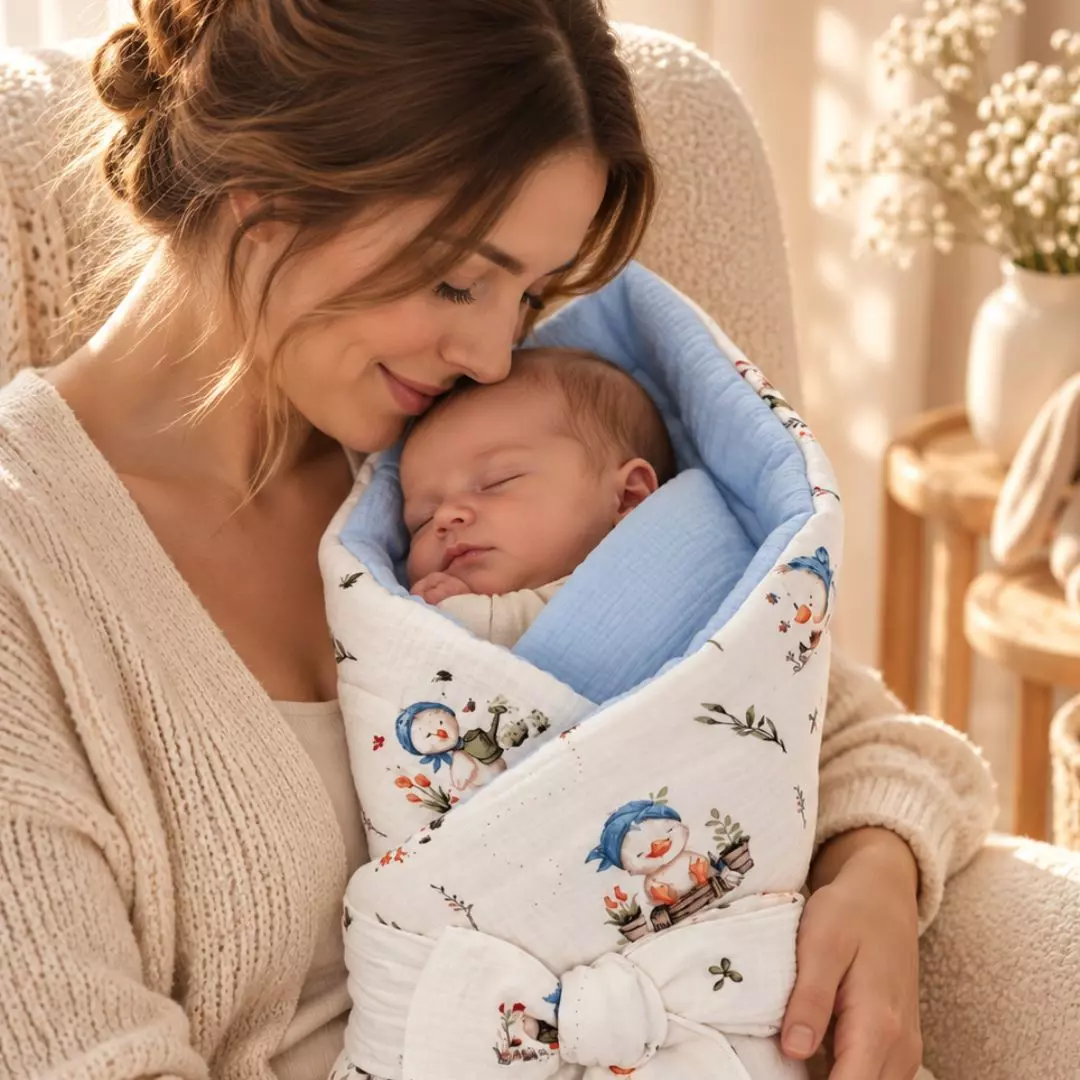 Mama z dzieckiem otulonym muślinowym rożkiem Kaczuszkowy Ogródek