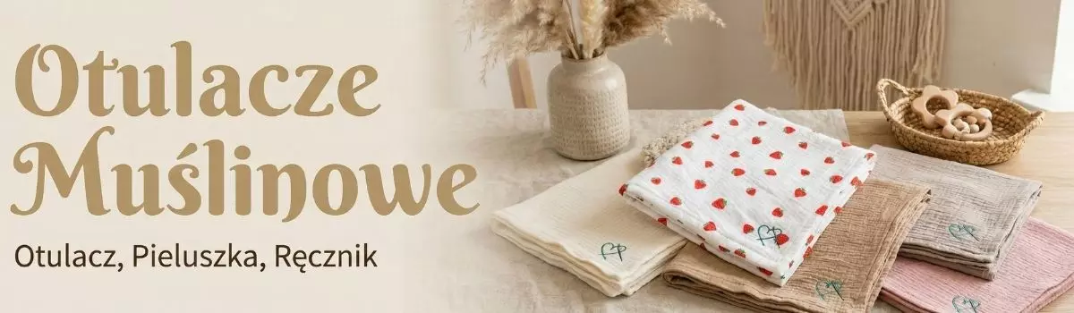 Baner Otulacze Muślinowe - Otulacz, Pieluszka, Ręcznik z zaproszeniem do odkrycia kolekcji. Na zdjęciu złożone muślinowe otulacze w kolorze kremowym, w truskawki, beżowym, szarym i różowym.