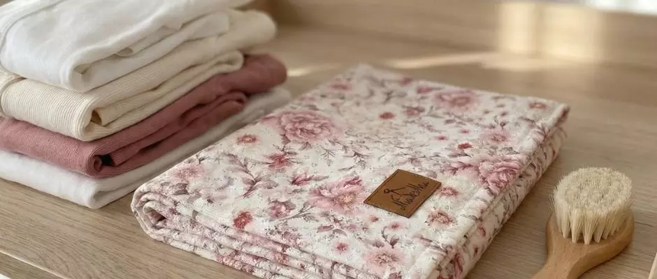 Złożony kocyk niemowlęcy w różowe róże w stylu vintage na drewnianej komodzie, obok stosu muślinowych pieluszek i drewnianej szczotki – idealna wyprawka dla dziewczynki.