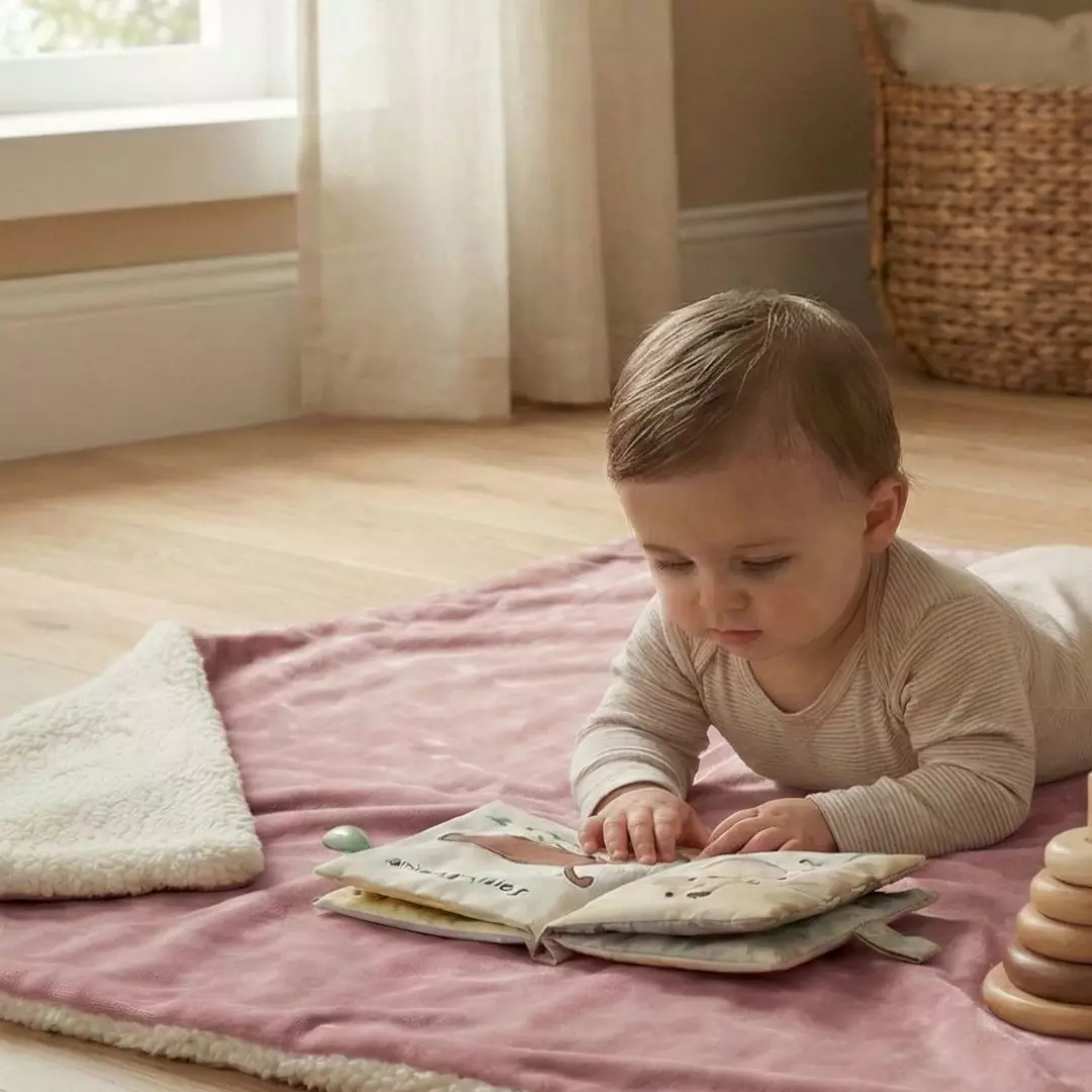 Niemowlę leżące na brzuszku na miękkim kocyku minky brudny róż służącym jako mata do zabawy