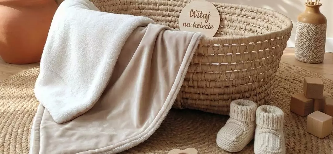 Mięciutki kocyk dla niemowlaka, Polarowy kocyk dla niemowlaka beżowy z białym podszyciem, w wiklinowym koszu z napisem
