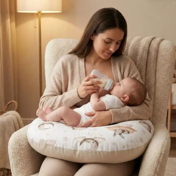 Mama karmiąca butelką noworodka w fotelu, używająca beżowej poduszki do karmienia Leśne Sny dla odciążenia kręgosłupa.