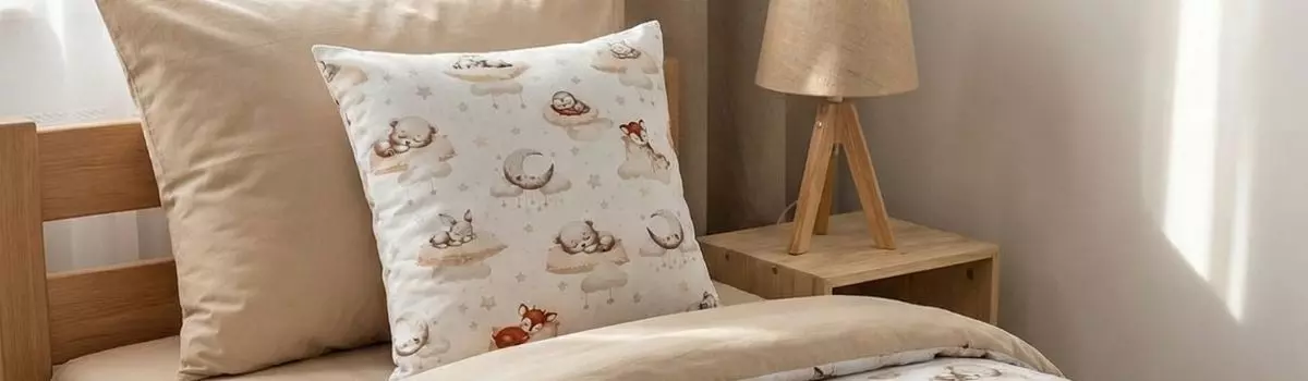 Poduszka dekoracyjna 40x40 Leśne Poduszkowe Sny w pokoju dziecięcym w stylu boho obok beżowej pościeli.