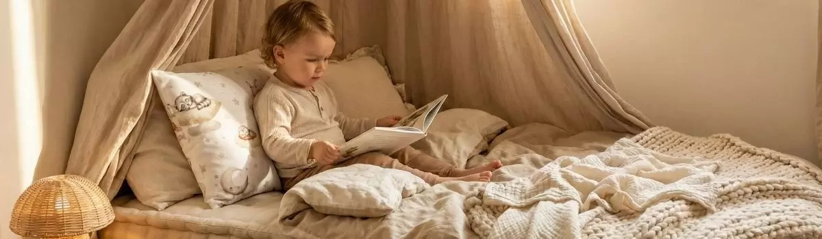 Aranżacja kącika do czytania dla dziecka w stylu boho z prostokątną poduszką dekoracyjną Leśne Poduszkowe Sny.