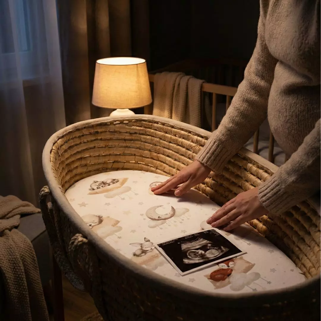 Przyszła mama dotykająca prześcieradła w koszu Mojżesza, wieczorne nastrojowe oświetlenie i zdjęcie USG.