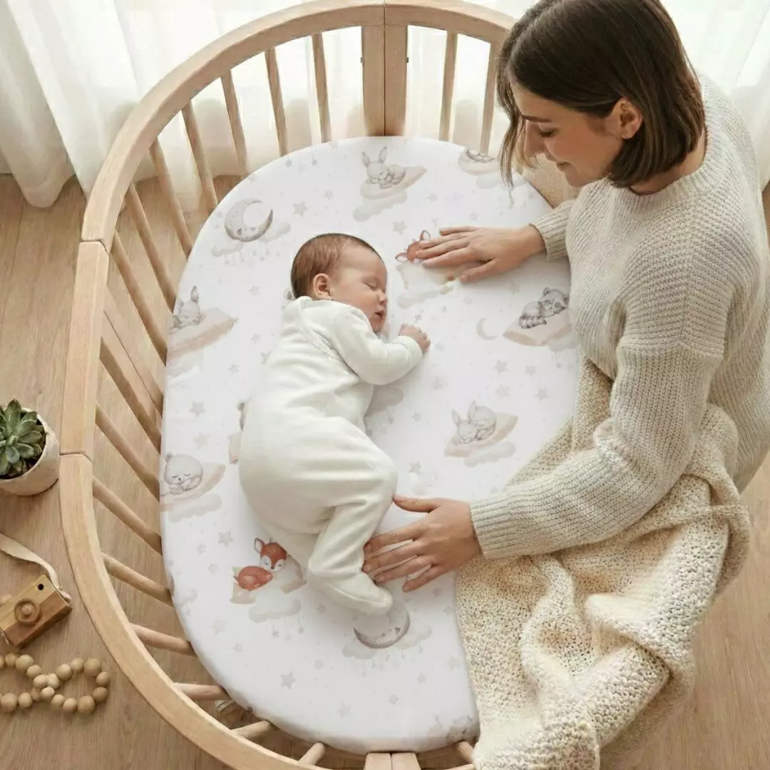Niemowlę śpiące w owalnym łóżeczku 7w1 na prześcieradle Leśne Poduszkowe Sny z mamą