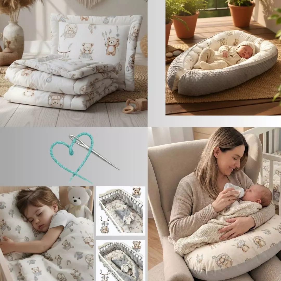 Kolekcja produktów dla niemowląt Misiowa Kołysanka Boho. Dopasowane elementy wyprawki w misie, łapacze snów i piórka.