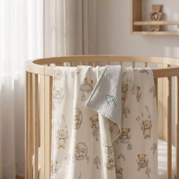 Letni kocyk niemowlęcy bawełna w misie boho beż i oddychający jasnoszary muślin na drewnianym łóżeczku