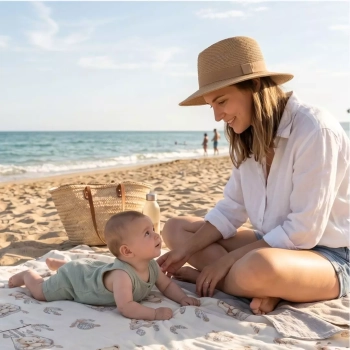Letni kocyk niemowlęcy bawełna w misie boho beż z niemowlakiem i mamą na plaży