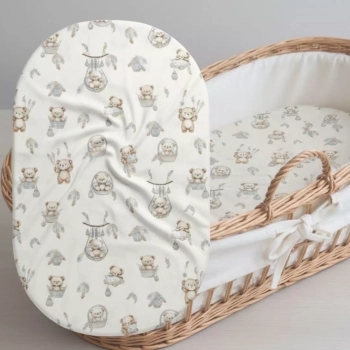 Prześcieradło z gumką do kosza Mojżesza Misie Boho beż