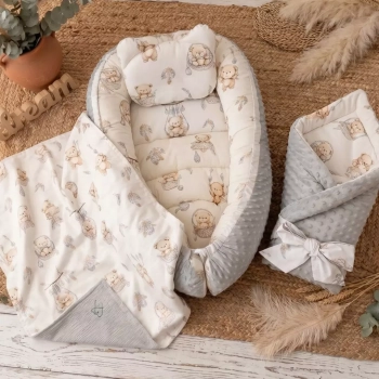Zestaw wyprawkowy 4w1 kokon rożek kocyk i poduszka jasnoszare minky z wypustkami i bawełna w misie boho beż w naturalnej
