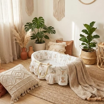 Aranżacja pokoju w stylu boho. Kosz Mojżesza z wyściółką Safari stoi na dywanie obok roślin i poduszek z makramy.