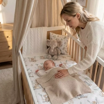 Mama przykrywająca śpiące niemowlę kocykiem w łóżeczku. Na materacu widoczne prześcieradło z kolekcji Safari. Nad łóżeczkiem beżowy baldachim.