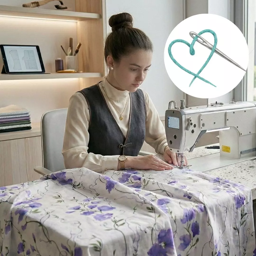 Kobieta szyjąca pościel Lila Meadow na maszynie z symbolem serca