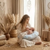 Mama karmiąca niemowlę butelką z użyciem bawełnianej poduszki fasolki Misie Boho