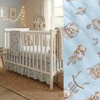 Białe łóżeczko dziecięce szczebelkowe z bawełnianą falbanką maskującą Misie Boho Blue aranżacja