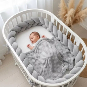 Niemowlę śpiące w białym łóżeczku owalnym przykryte szarym kocykiem Minky Misie Boho Blue