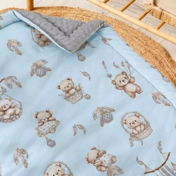 Kocyk niemowlęcy bawełniany Misie Boho Blue z szarym minky zbliżenie na wzór
