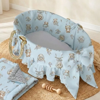Zestaw wyprawkowy wyściółka do kosza Mojżesza i kocyk minky wzór Misie Boho Blue