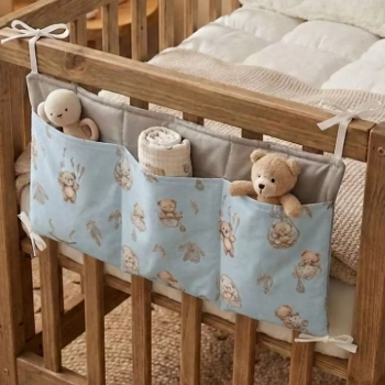 Bawełniany organizer na łóżeczko dziecięce 3 kieszenie Misie Boho Blue z zabawkami w sypialni