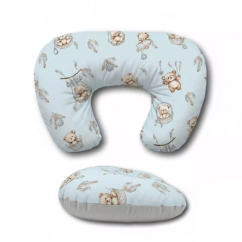 Ergonomiczna poduszka do karmienia typu fasolka wzór Misie Boho Blue widok z góry i z boku