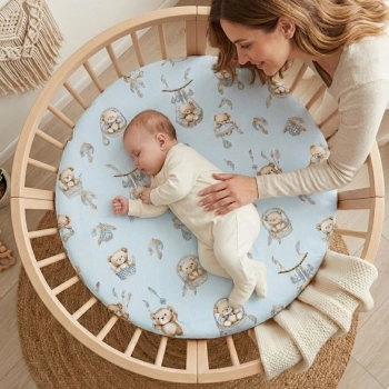 Noworodek śpiący w okrągłym łóżeczku na prześcieradle Misie Boho Blue z mamą