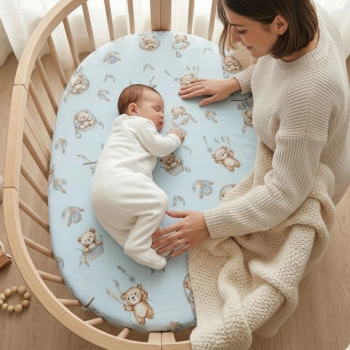 Niemowlę śpiące w owalnym łóżeczku na prześcieradle Misie Boho Blue z mamą