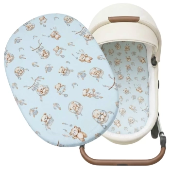 Zestawienie prześcieradła do gondoli 70x35 Misie Boho Blue z widokiem w wózku