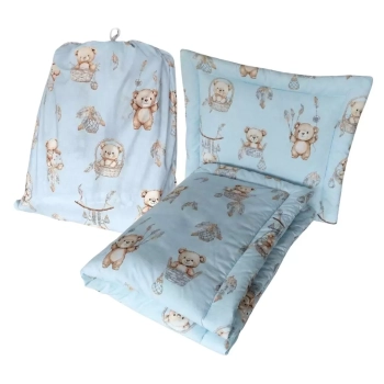 Zestaw do żłobka 3w1 pościel z wypełnieniem płaska poduszka i worek Misie Boho Blue