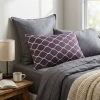 Poszewka na poduszkę Modern Line (fioletowa geometria) ułożona jako poduszka dekoracyjna na tle szarej pościeli bazowej, aranżacja sypialni