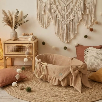 Muślinowa wyściółka do kosza Mojżesza ciemny beż Coffee w aranżacji pokoiku boho