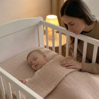 Kobieta czuwająca przy białym drewnianym łóżeczku, w którym śpi niemowlę. Dziecko jest okryte jasnobeżową, karbowaną muślinową pościelą dziecięcą. W tle widać zapaloną lampkę nocną dającą ciepłe, łagodne światło.
