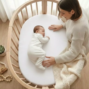 Niemowlę śpiące w owalnym łóżeczku na prześcieradle białym z mamą