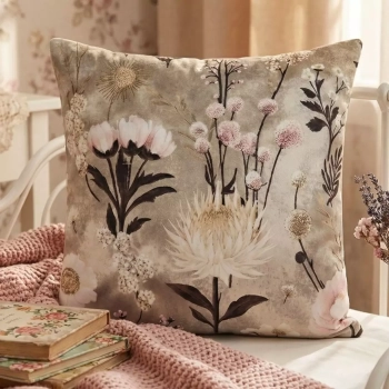 Kwadratowa poduszka dekoracyjna, tak zwany jasiek, w botaniczny wzór w kwiaty Retro Bloom. Poduszka oparta jest o białą