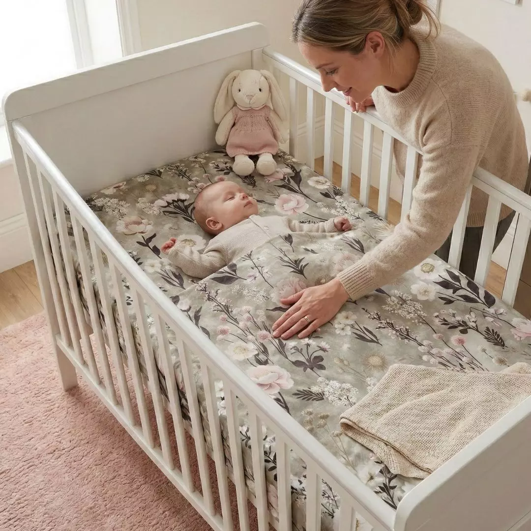 Mama pochylająca się nad śpiącym niemowlakiem w białym łóżeczku szczebelkowym. Materac powleczony jest bawełnianym prześcieradłem z gumką we wzór w kwiaty Retro Bloom. W łóżeczku znajduje się również pluszowy króliczek.
