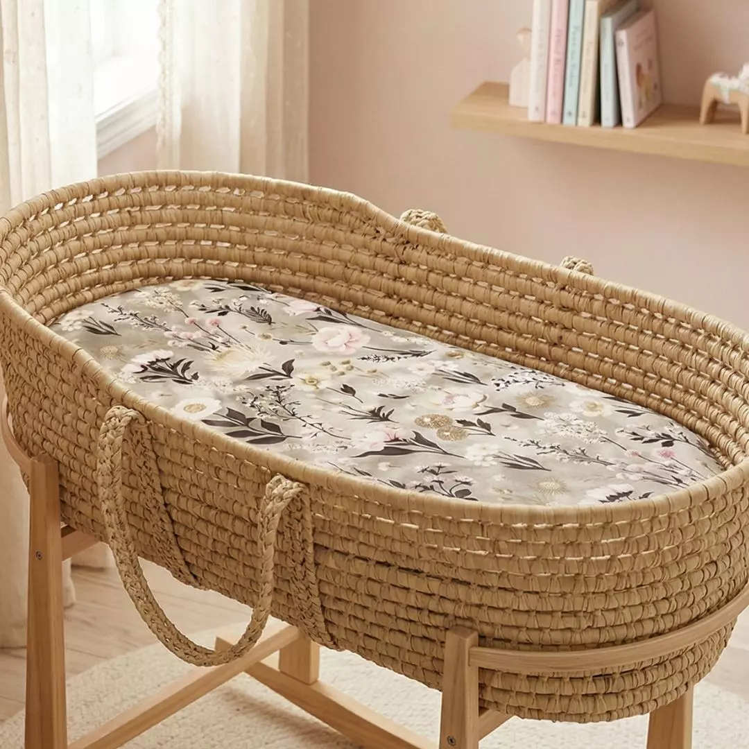 Naturalny, pleciony kosz Mojżesza na drewnianym stojaku. Wewnątrz znajduje się materacyk powleczony bawełnianym prześcieradłem z gumką w kwiatowy wzór Retro Bloom. W tle widać jasną, pastelową ścianę z drewnianą półką na książki oraz okno z delikatną firanką, tworzące przytulny kącik dla noworodka.