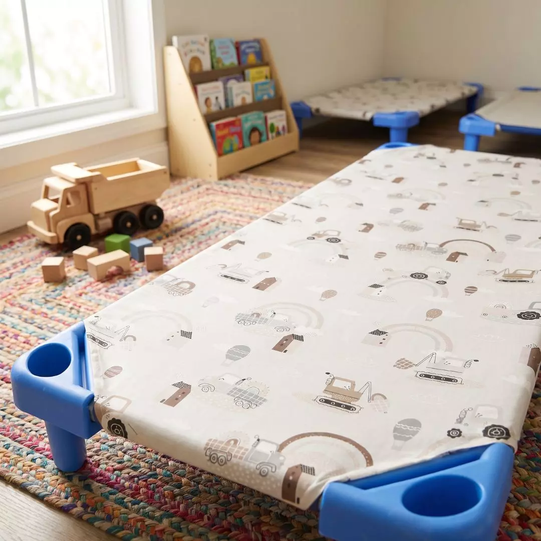 Prześcieradło bawełniane na leżak przedszkolny 140x60 we wzór w jasnoszare traktory i koparki 