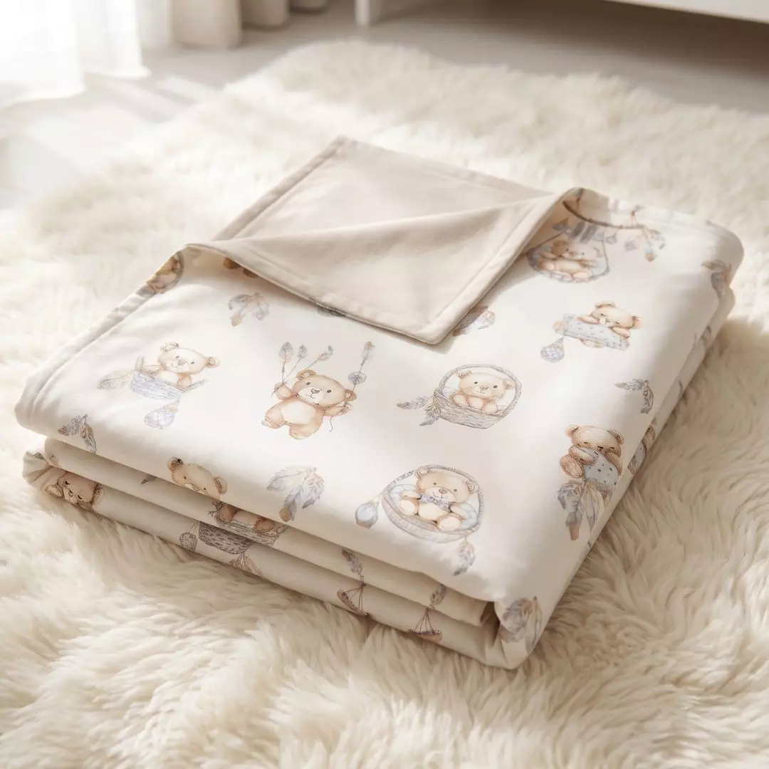 Rozłożony bawełniany kocyk do przedszkola we wzór w misie boho z personalizowaną metką Maja K.
