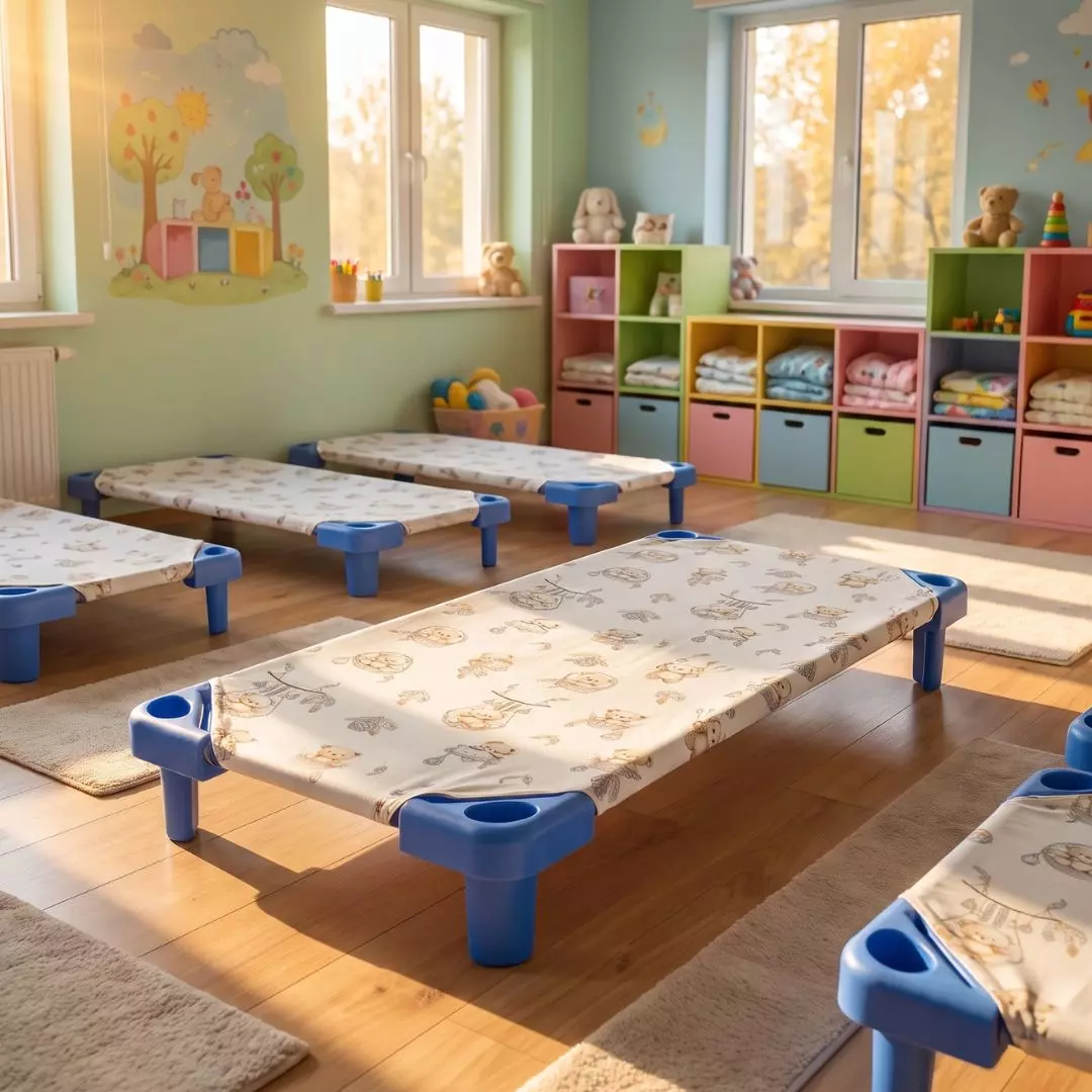 Rozłożony bawełniany komplet do leżakowania z prześcieradłem na leżaczek, kołdrą, poduszką i workiem we wzór w misie w stylu boho na jasnym tle