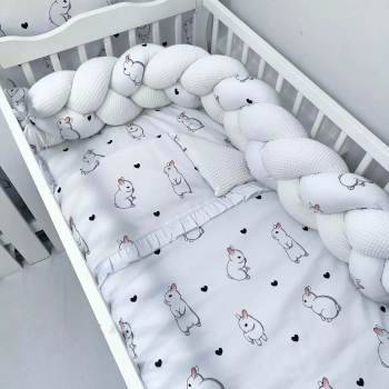 Biały komplet dla niemowlaka do łóżeczka z falbanką Pościel, warkocz, Króliki